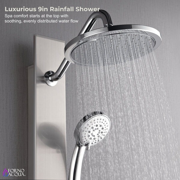 FORNO ACQUA Stainless Steel Shower Panel, 9in. Rain Shower Head, 5-Function Handheld & 3 Body Jets. 2.5GPM