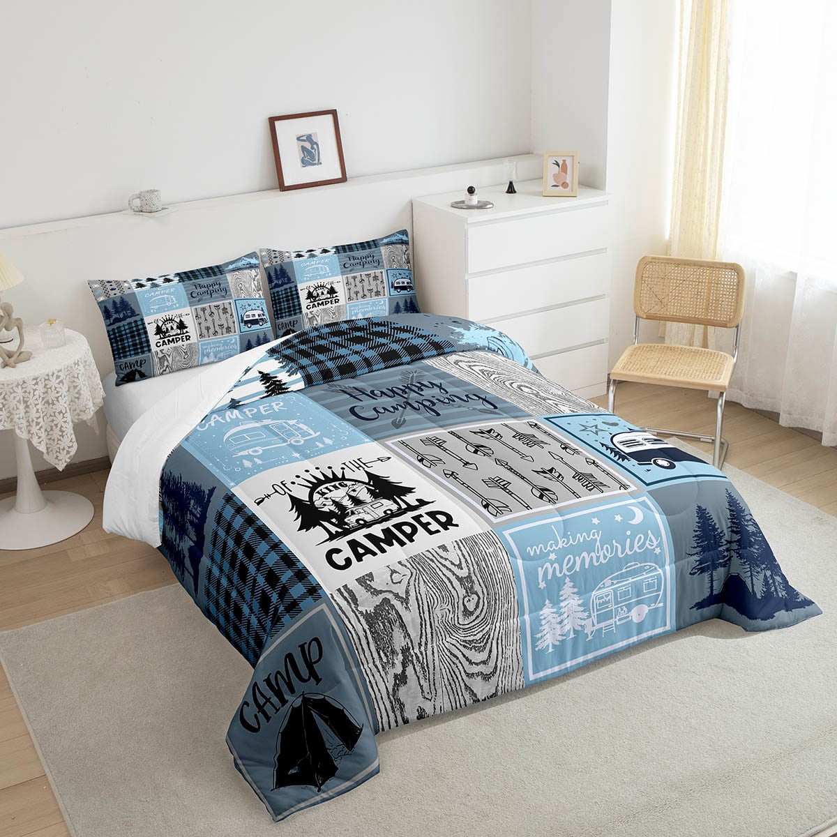 Erosebridal Camper Comforter Set Full Happy Camping Bedding Set Rv Bunk Accessories Comforter For Travel Trailers,Blue Grey Rustic Buffalo Plaid Arrow Pine Tree Quilt Duvet