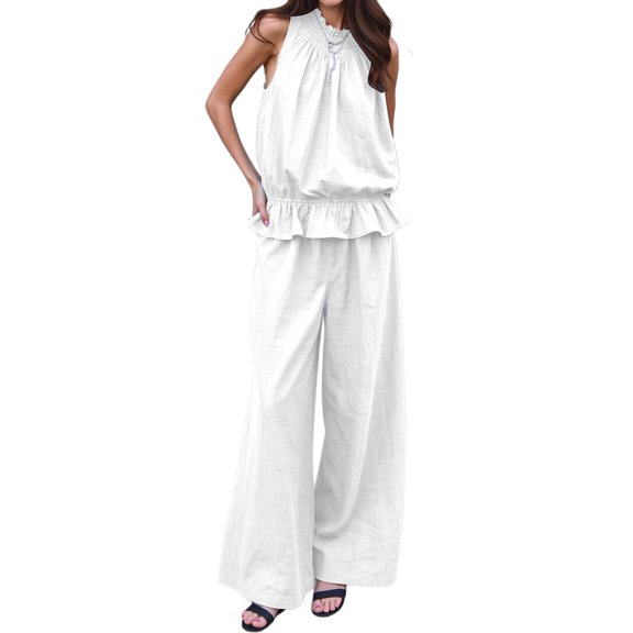 Women Summer 2 Piece Outfits Sleeveless Ruffle Top Wide Leg Pants Set with Pockets White S