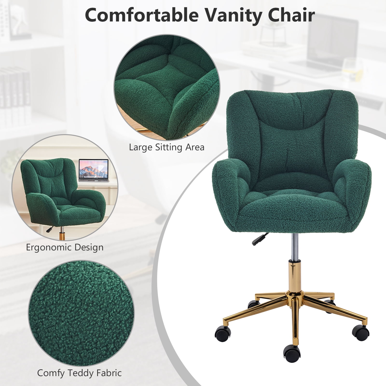 Desk Chair with Wheels and Arms Velvet Comfortable Desk Chair for Home Office Height Adjustable Vanity Chair Modern Task Chair Computer Desk Chair Green