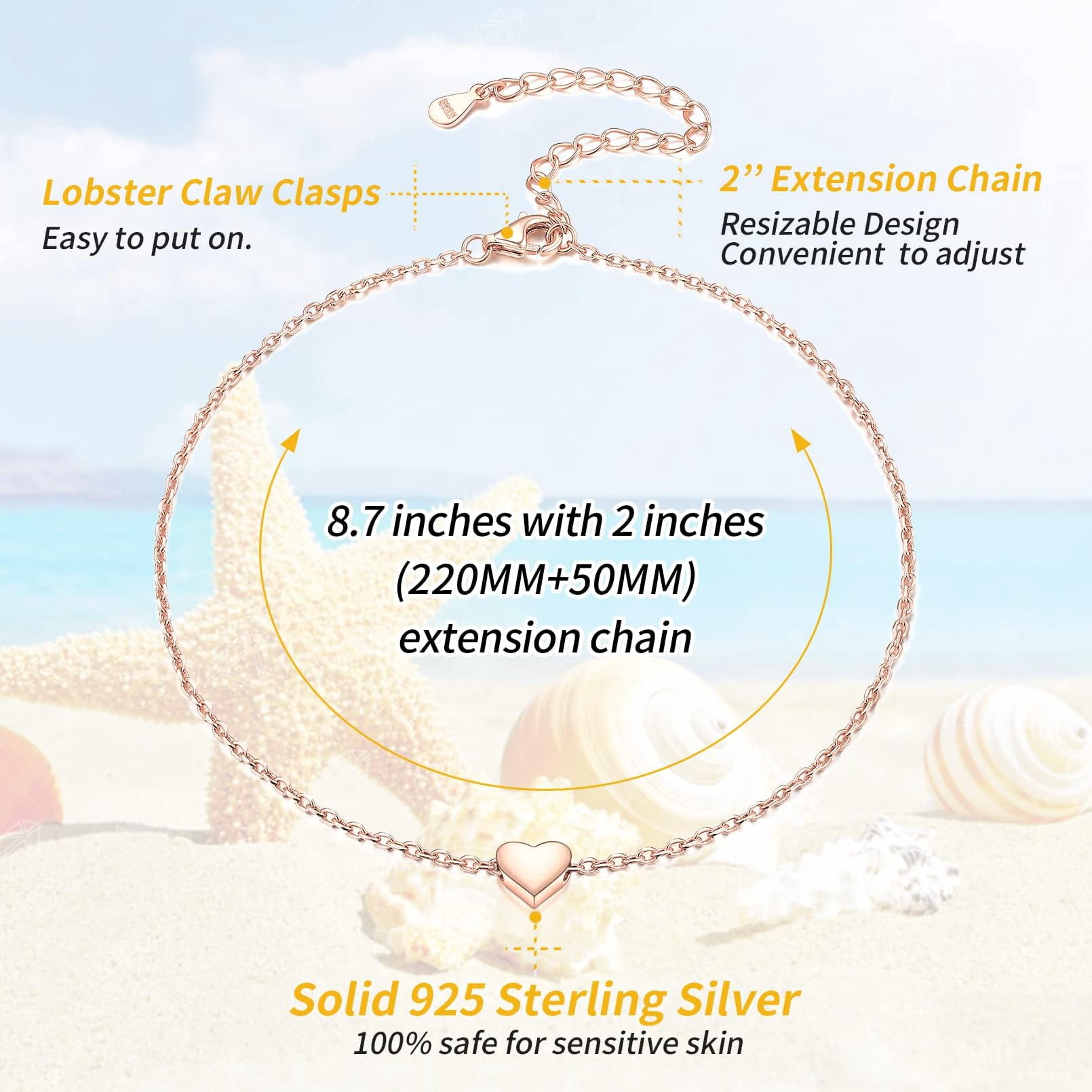 ChicSilver Anklets for Women S925 Sterling Silver Heart Pendant Ankle Chain Summer Beach Jewelry Ladies Fashion Anklet Waterproof
