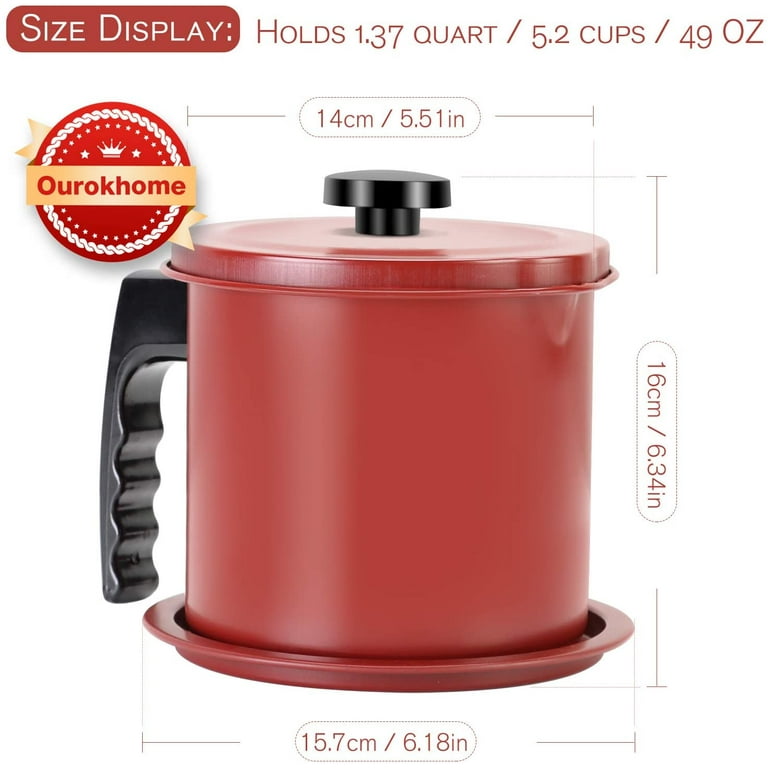 Ourokhome Bacon Grease Container with Strainer- 1.3 L or 5.2 Cup Iron  Kitchen Oil Storage Can with Fine Mesh Strainer for Storing Hot Frying Oil,  Fat, Cooking Oil (Red) 