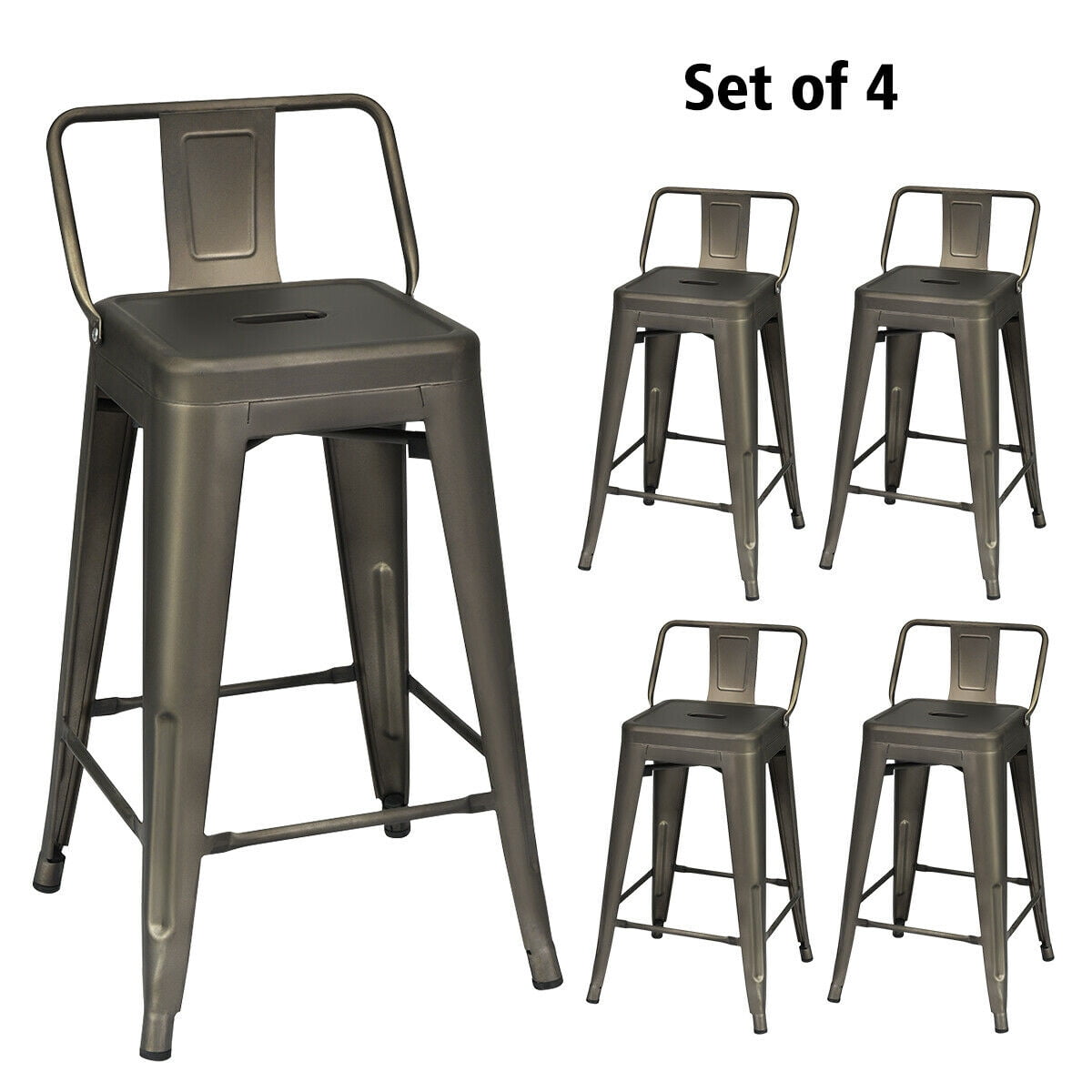 Costway Set Of 4 Low Back Metal Counter Stool 24 Seat Height Industrial Bar Stools Gunblack Steel Walmart Com Walmart Com