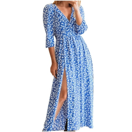 

Wyongtao Cozy Women s Summer Fashion Casual V Neck Graphic Long Sleeve Split Hem Dress