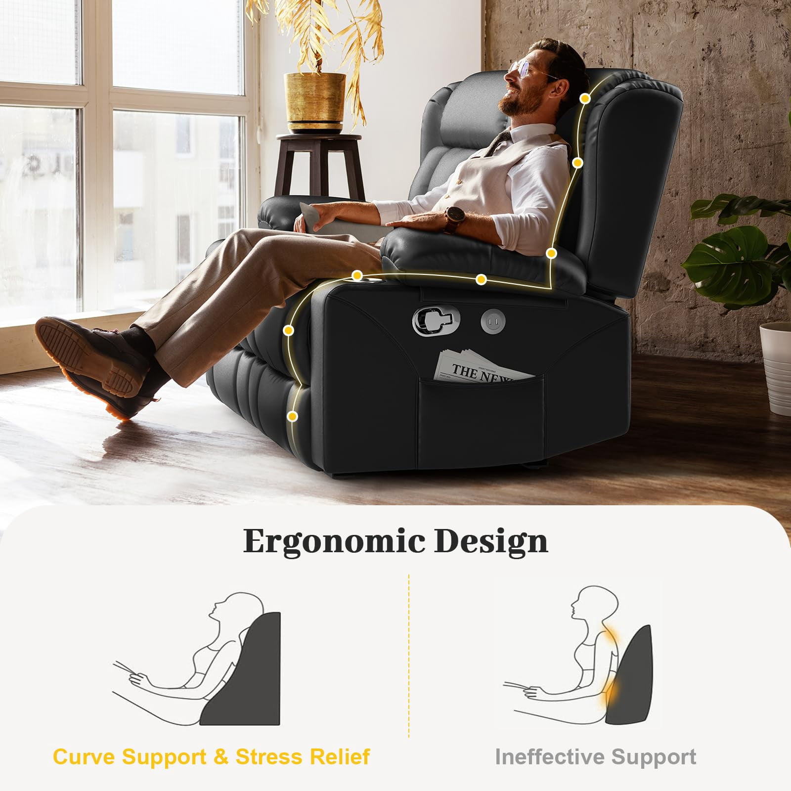 LOBERFVE Loveseat Recliner Sofa, PU Leather Reclining Loveseat with USB Charge Ports, Cup Holders, 2 Seater Manual Pull Tab Recliner Sofa Couches for Living Room, Black