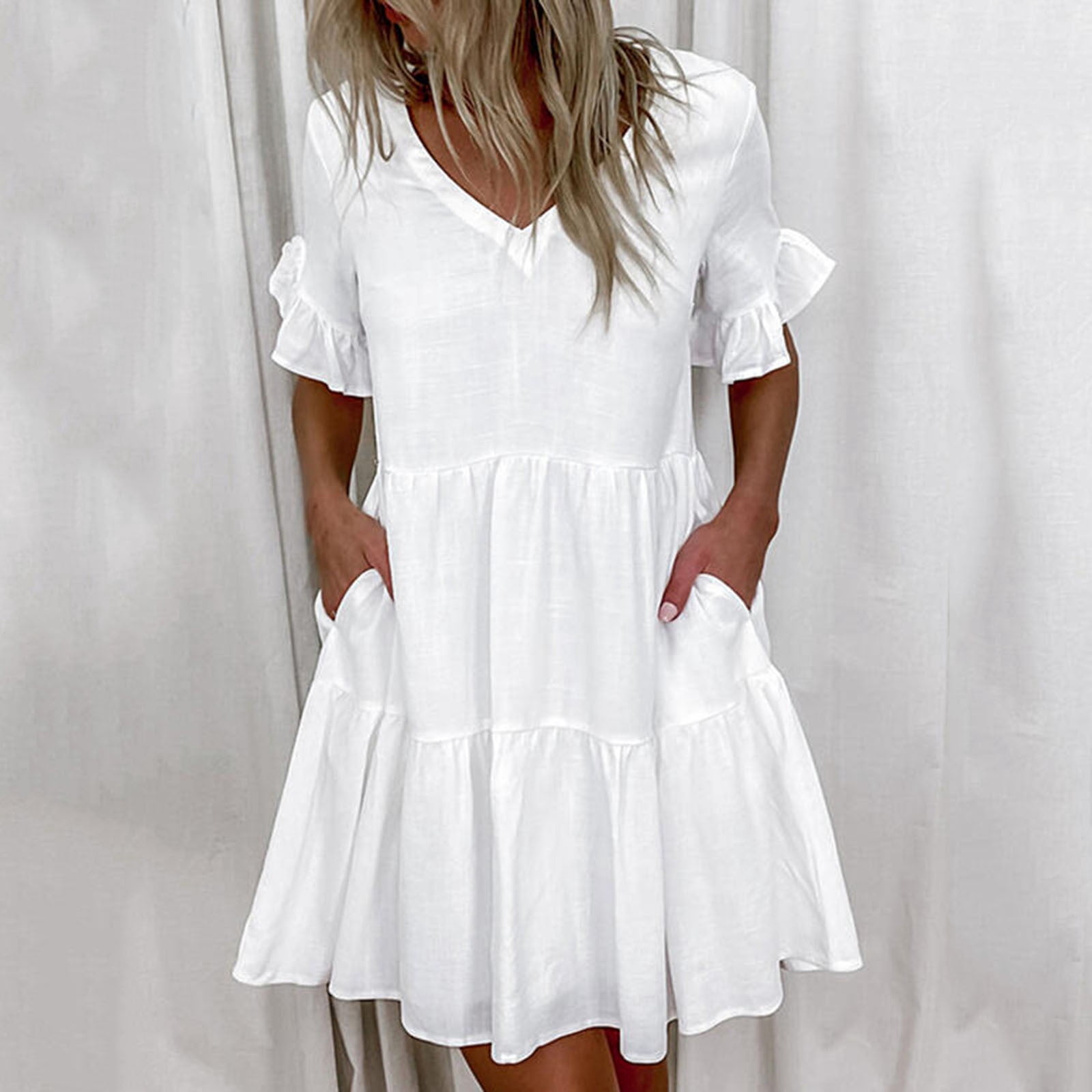 Xihbxyly Casual Dresses for Women, Plus Size formal Dresses for Women Women's V-neck Short Sleeve Printed Boho Summer Shirt Sundress Mini Dress Long formal Dress White Maxi Dress