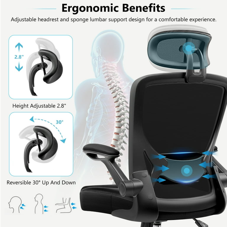 CoolHut Office Chair, High Back Ergonomic Desk Chair, Mesh Desk Chair with  Adjustable Lumbar Support, headrest and Flip-up Armrests, 300lb (Black)