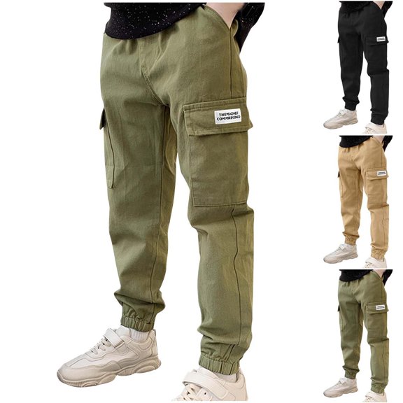 Xaqiouau Boys Cargo Pants Cotton Jogger Pants Casual Workwear Trousers Elastic Waist Multi Pocket Outdoor Hiking Pants for Kids Teens