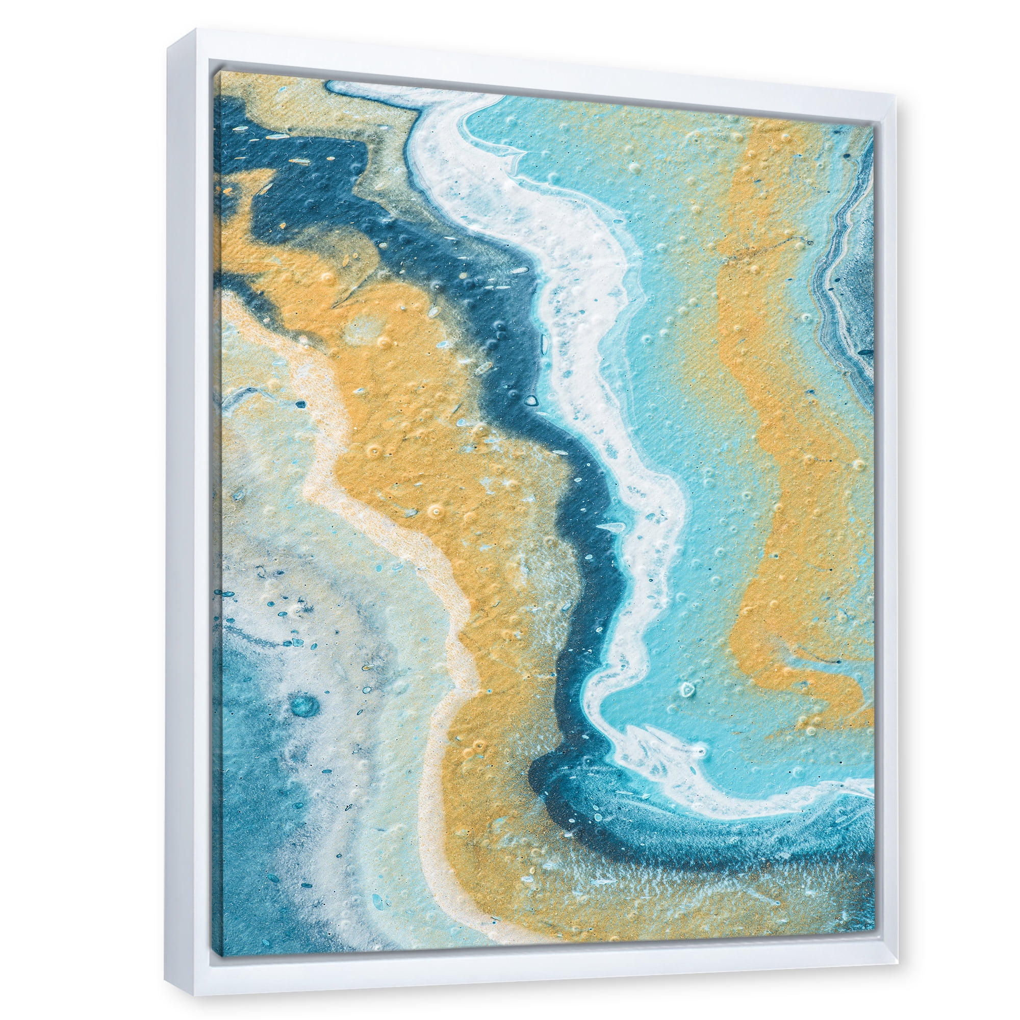 Designart 'Abstract Marble Composition In Blue and Yellow III' Modern Framed Canvas Wall Art Print