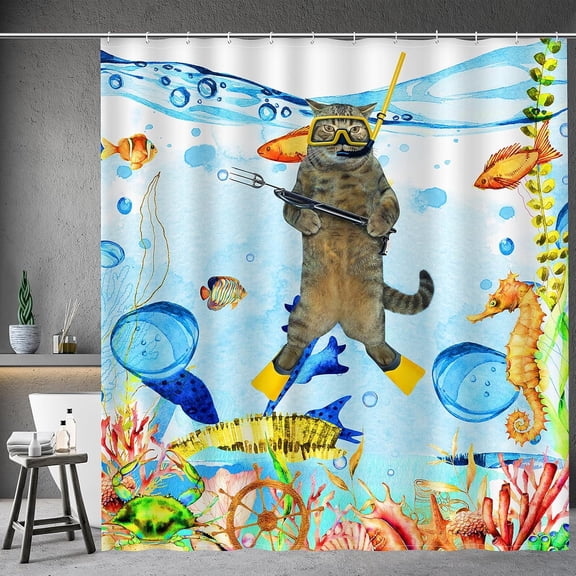 Funny Cat Shower Curtains for Bathroom - Sea Ocean Animal Underwater Tropical Fish Coral Seahorse Fun Bath Shower Curtain Set with 12 Hooks for Adults Kids Bathroom Decor Accessories, 72"x72"