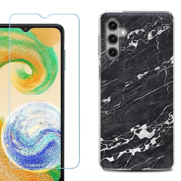 Shockproof Gel Phone Case for Samsung Galaxy A14 5G, with Tempered Glass Screen Protector, by OneToughShield ® - Marble B/W