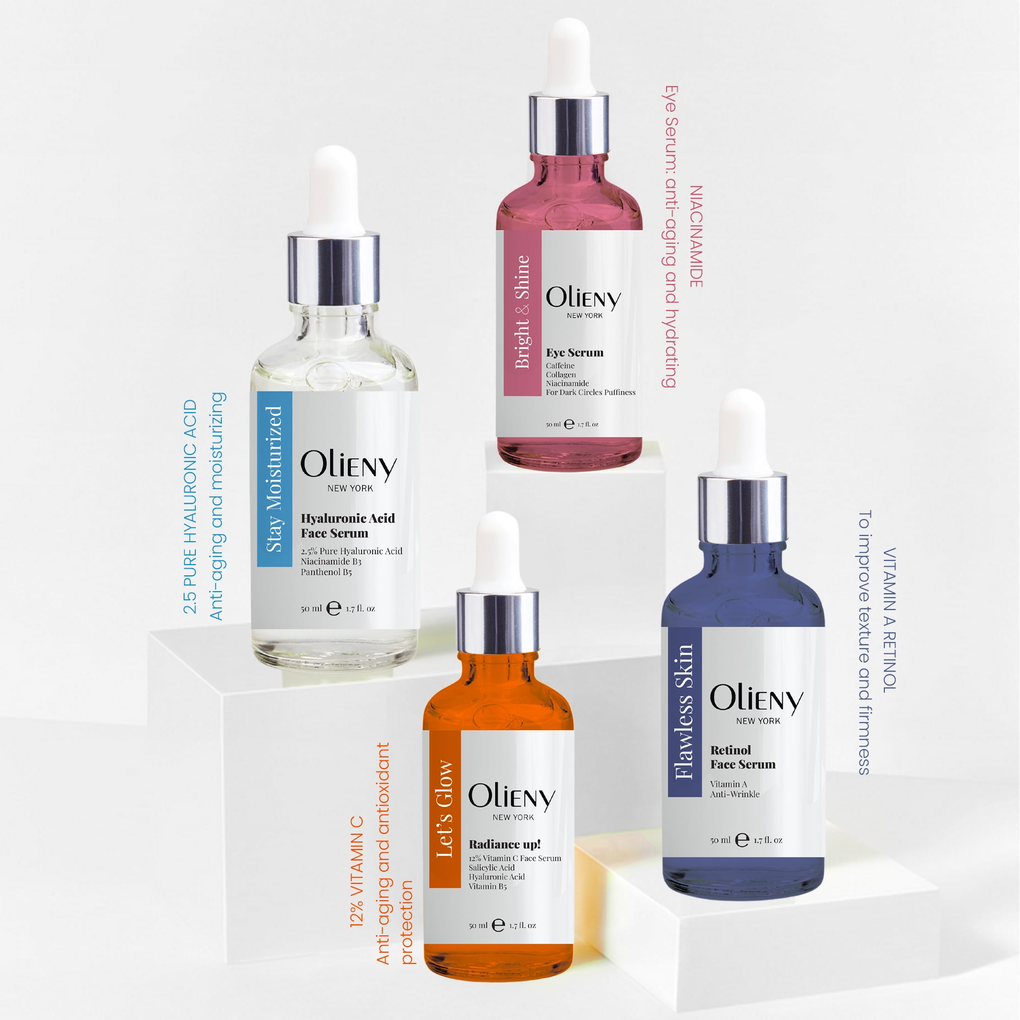 Olieny Hyaluronic Acid, Retinol, Vitamin C Face and Eye Serum for Dark Circles and Puffiness, 4 Pack