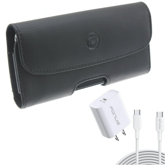 Fast Type-C 18W PD Home Charger w Leather Case Belt Clip for Samsung Galaxy A53 5G,A33 5G Phones - 10ft Long Cable Quick Power Adapter, Holster Cover Loops Pouch