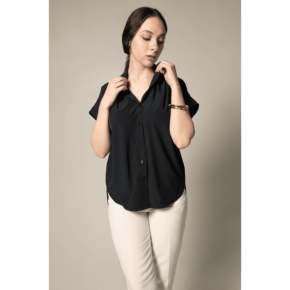 LE REUSSI Gather collar shirt - Black - Size: M, Made in USA.