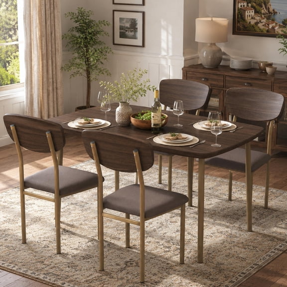 UHOMEPRO Dining Table Set for 4, Farmhouse Kitchen Table with 4 Fabric Upholstered Chairs, Curved Table Design, Dining Room Table Set for Dining Room, Kitchen and Apartment, Walnut Beige