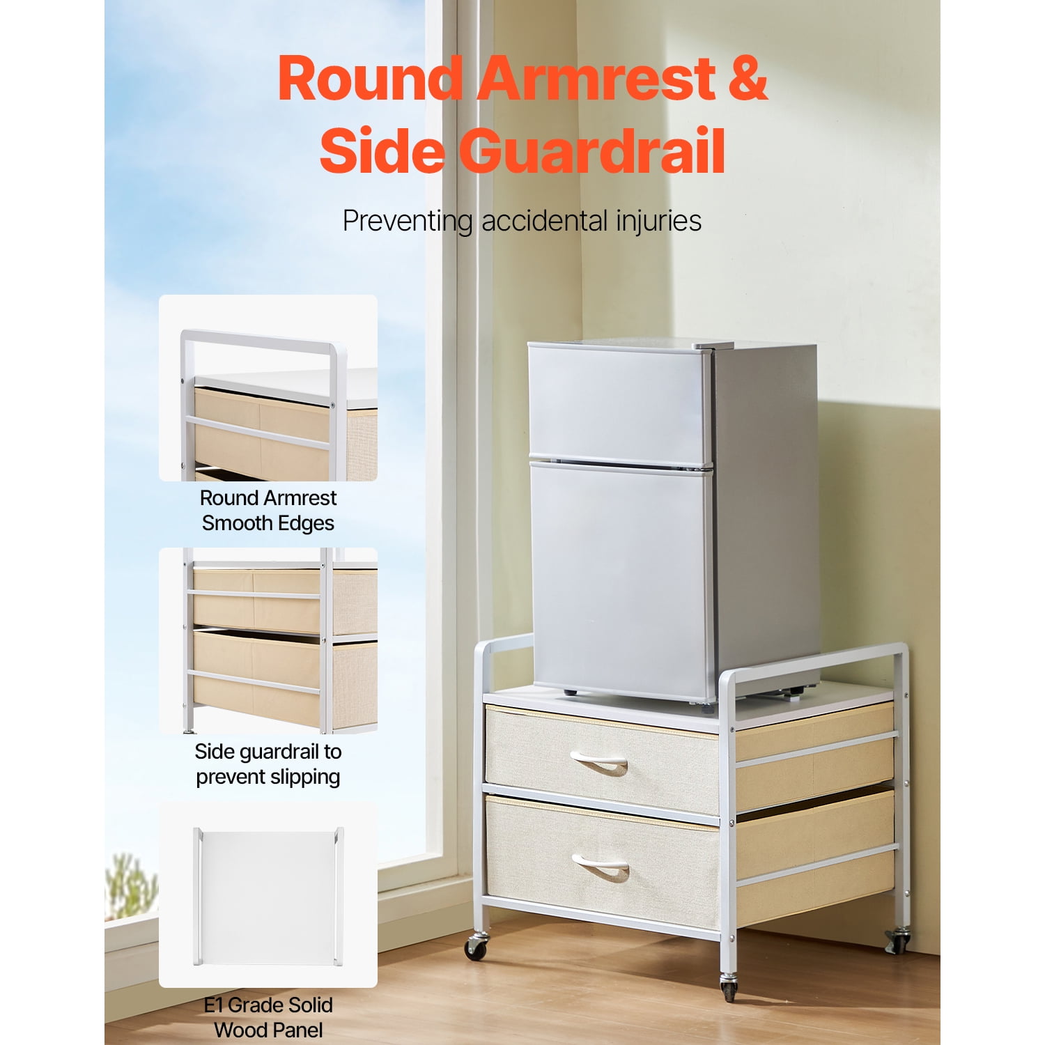 KFFKFF Compact Refrigerator Stand with Storage, Supports up to 176 lb, Compact Refrigerator Table with 2 Storage Drawers & 4 Movable Wheels, Portable Compact Refrigerator Shelf