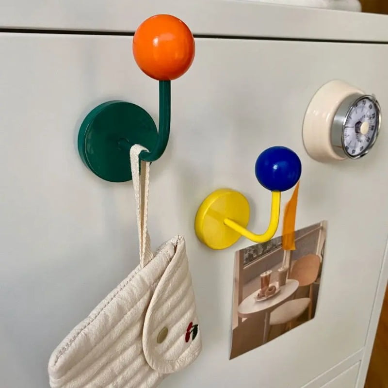 3PC Magnetic Hook  Colored Wooden Ball Contrast Metal Punch Free No Trace Refrigerator Decorative Storage Hook