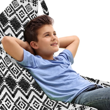 Geometric Lounger Chair Bag  Monochrome Hand Drawn Tribal Pattern Abstract Aztec Motifs Civilizations  High Capacity Storage with Handle Container  Lounger Size  Black White  by Ambesonne