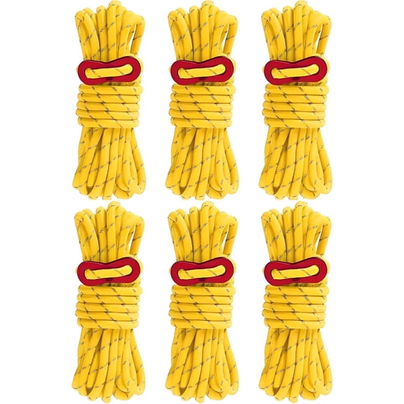 PEAKTREND 6 Pack 4mm Outdoor Guy Lines Tent Cords Lightweight Camping Rope with Aluminum Guylines Adjuster Tensioner Pouch for Tent Tarp, Canopy Shelter, Camping, Hiking, Backpacking (Yellow)