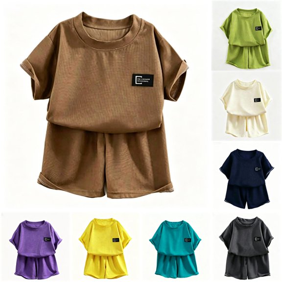 oqasdz Toddler Children Girls Summer Outfits Knit Short Sleeve Letter Print Crew Neck Tee Top and Shorts Set Loose Breathable Casual Outdoor Clothes Sets,Coffee,7-8 Years