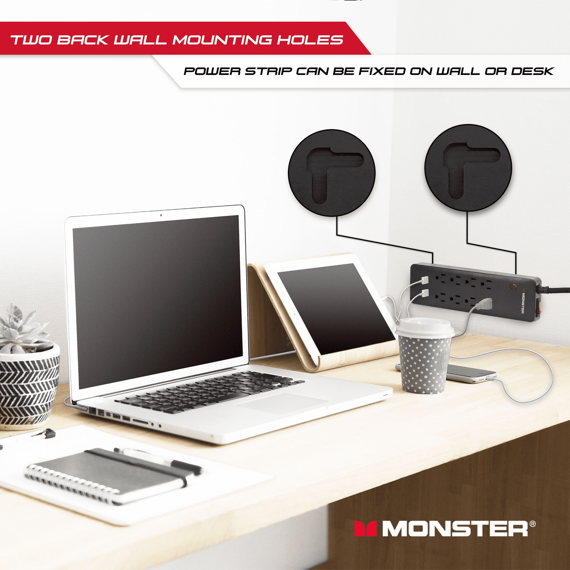 Monster 2000J Surge Protector 8 Grounded Outlets & 2 USB Ports with a 6’ Nylon Braided Extension Cord