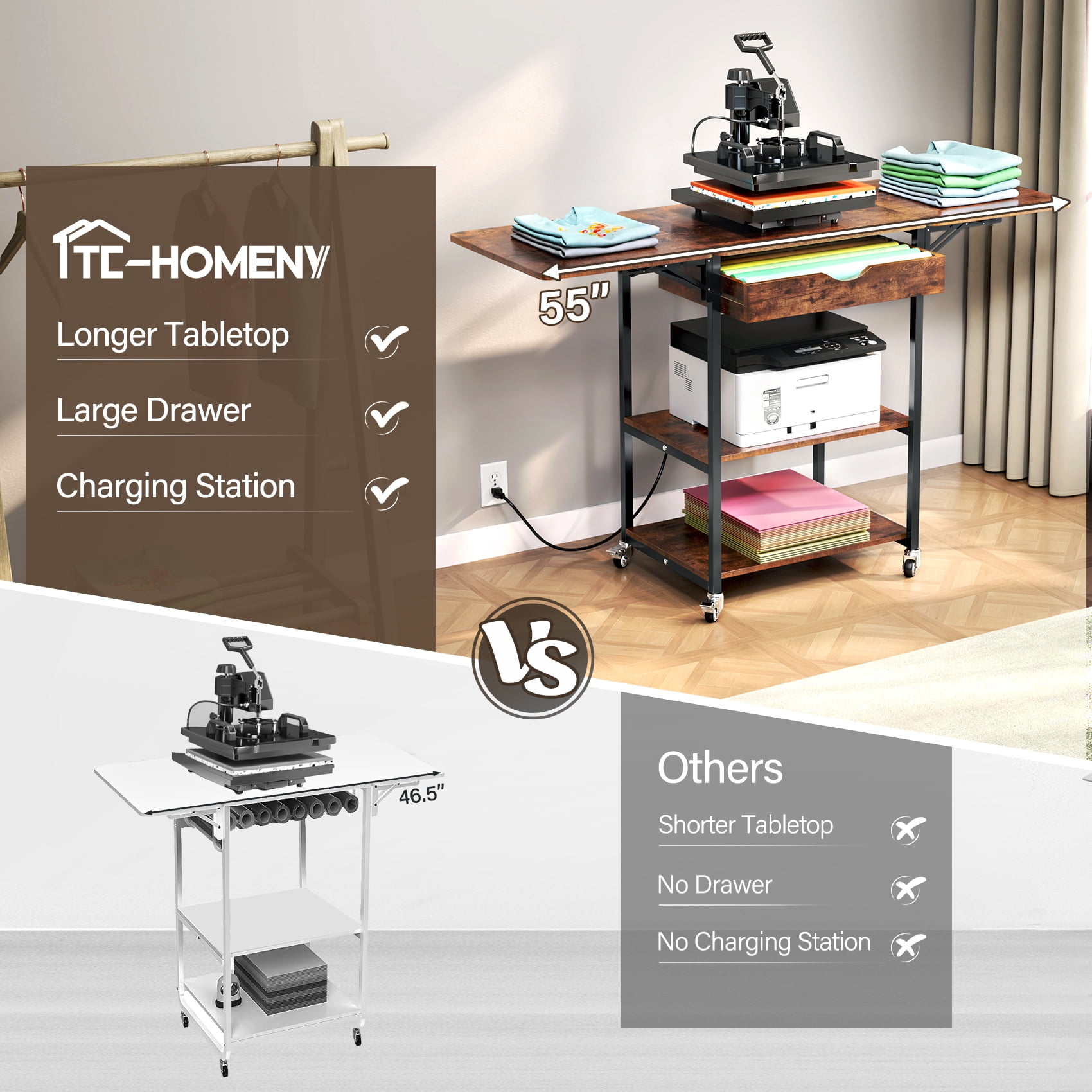 TC-HOMENY Foldable Heat Press Machine Stand w/ Charging Station, Mobile Heat Printer Cart w/ 3-Tier Storage & Drawer, Movable Heat Transfer Machine Workbench, Wooden