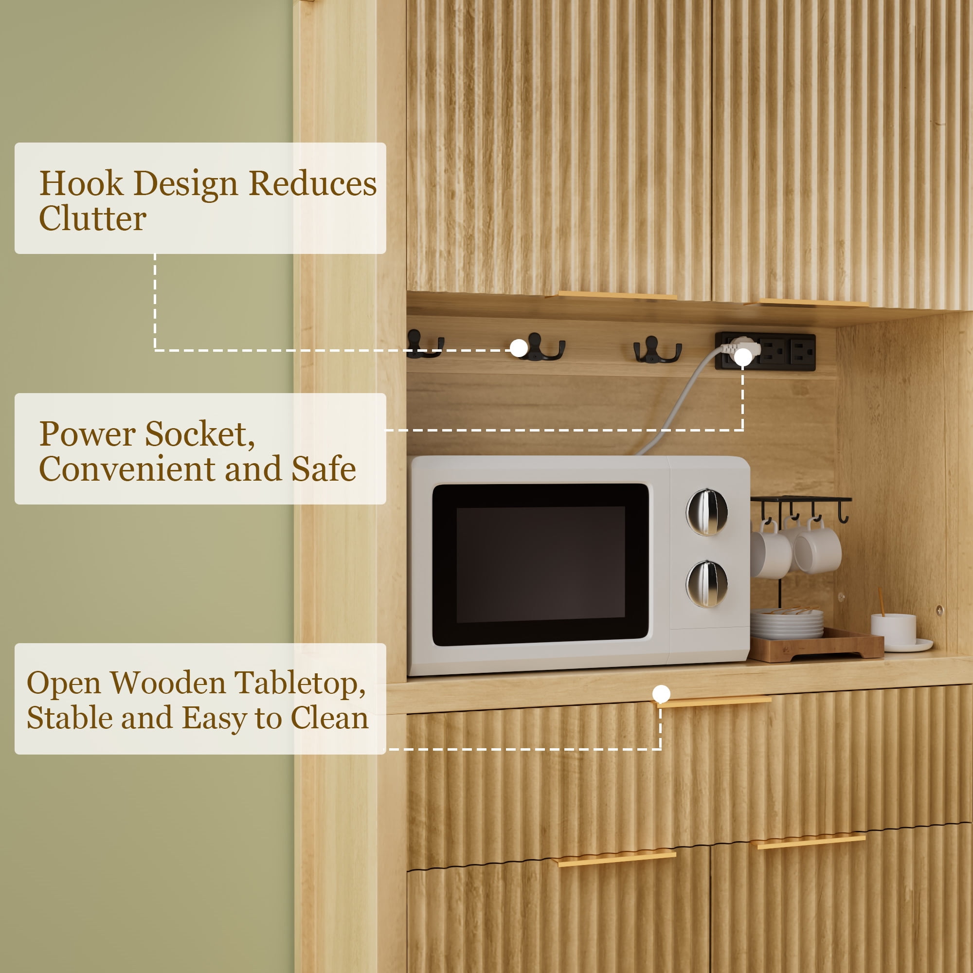 GIKPAL Pantry Cabinet with Charging Station, Fluted Kitchen Pantry Storage Cabinet with Shelves and Drawer, Boho Kitchen Hutch with Microwave Stand for Dining Living Room, Natural Oak