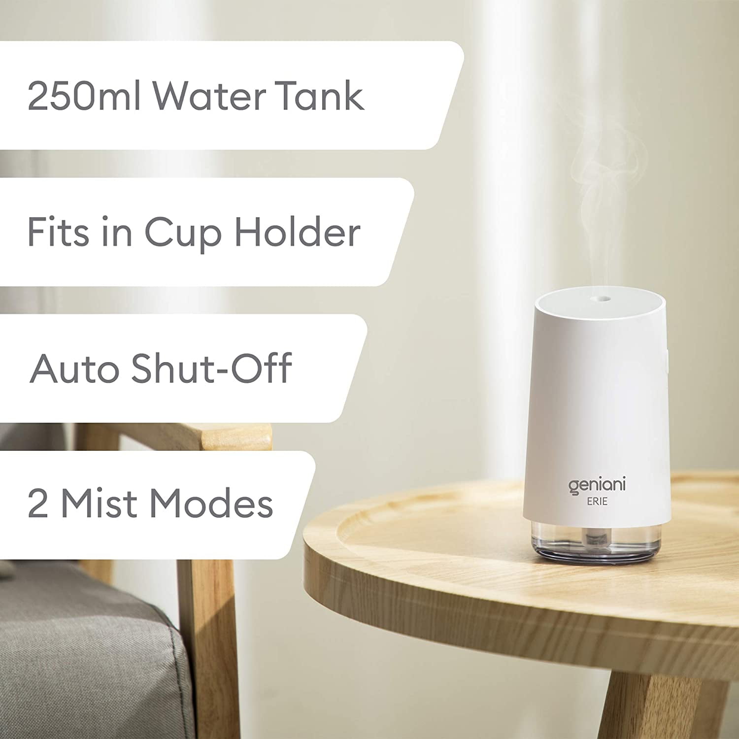 Geniani Mini Cool Mist Humidifiers for Bedroom - Small Car Humidifier, 250ml (White)