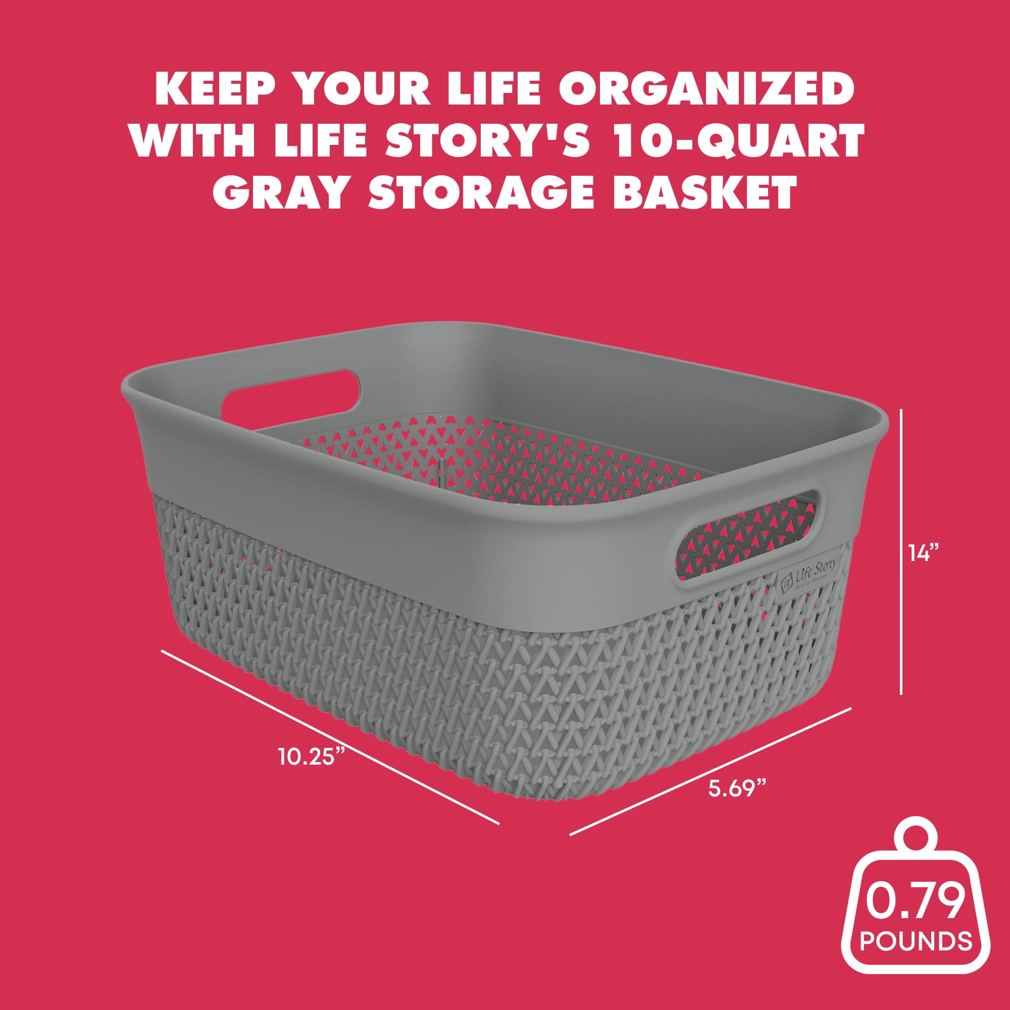 Life Story 10 Quart Decorative Storage Basket, Medium Plastic Home Organizer, Gray