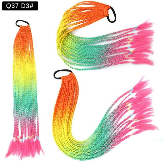 Xiao Hua 2Pcs Rainbow Ponytail Hair Extensions for Girls Colored Braided Ponytail Wig Braids with Rubber Bands Hairpieces Synthetic Braiding Hair Accessories for Women Rave Crazy Hair，AD