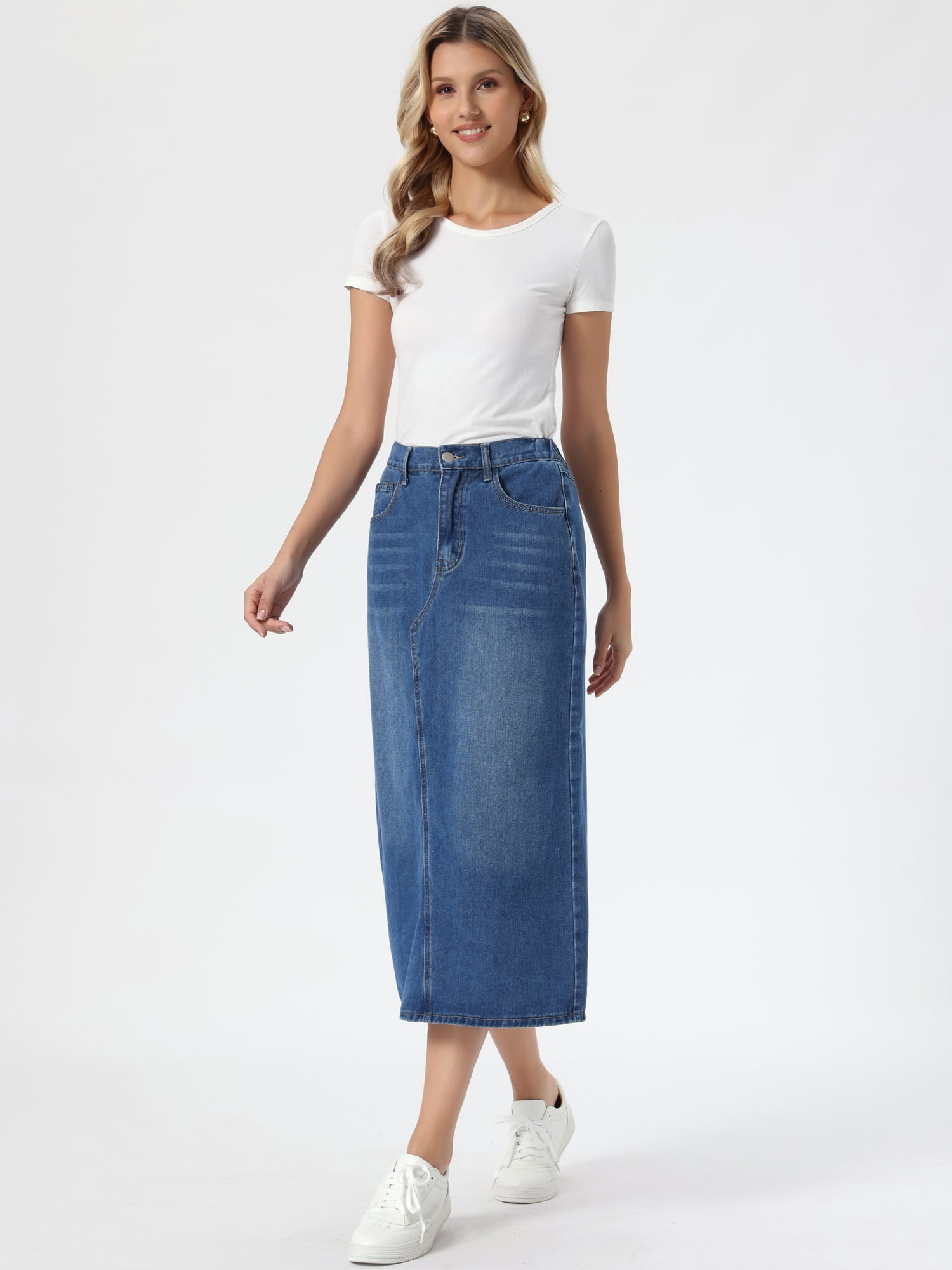 DARING DIVA Women's Casual Midi Split Back High Waist Long Jean Skirts M Medium Blue