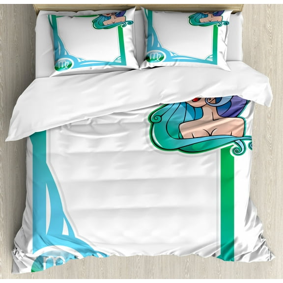 Zodiac Virgo Queen Size Duvet Cover Set, The Sixth Sign from the Series of Zodiac Frames in Cartoon Style with a Girl, Decorative 3 Piece Bedding Set with 2 Pillow Shams, Multicolor, by Ambesonne