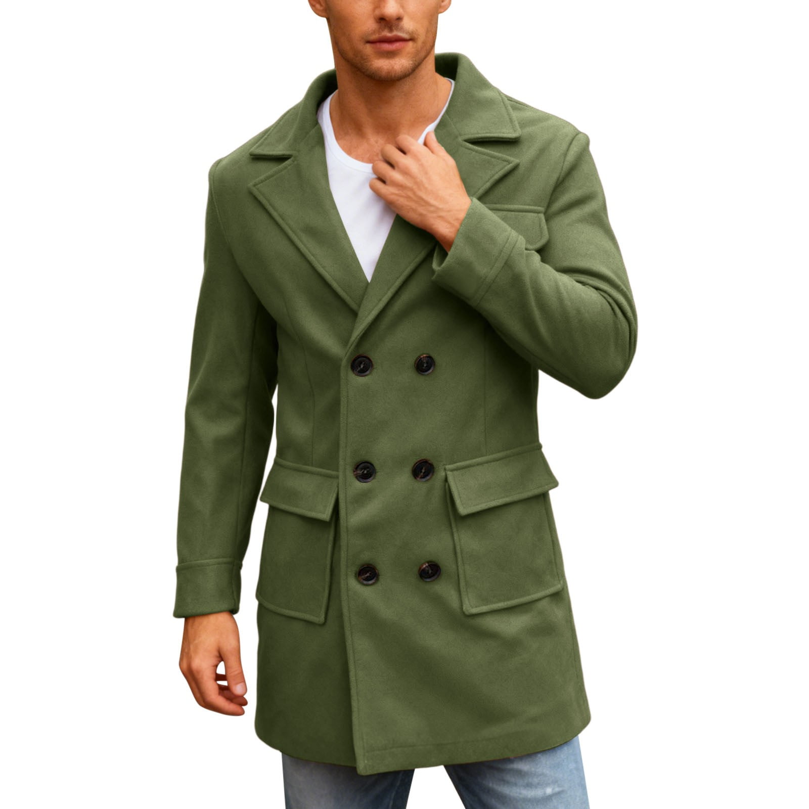 Fmbrln Mens Trench Coat Double Breasted Lapel Collar Pea Coats