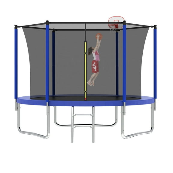 8FT Trampoline for Kids,Outdoor Trampoline with Basketball Hoop,Recreational Trampoline with Safety Enclosure Net,Blue