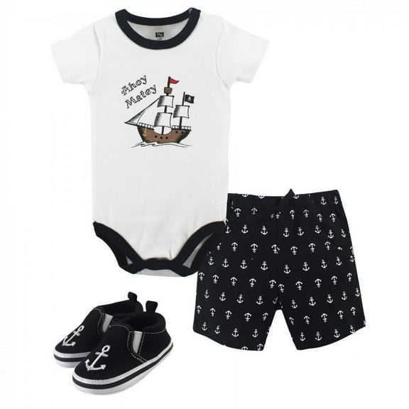 Hudson Baby Infant Boy Cotton Bodysuit, Shorts and Shoe 3pc Set, Pirate, 0-3 Months