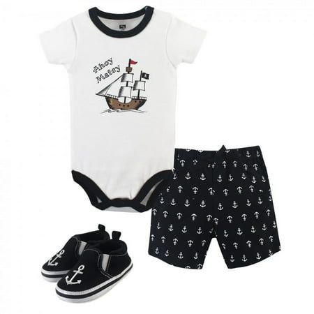 UPC: 0660168554618 | Hudson Baby Infant Boy Cotton Bodysuit  Shorts and Shoe 3pc Set  Pirate  0-3 Months