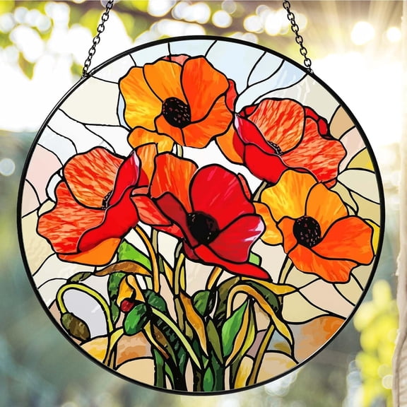 California Poppy Stained Glass Window Hanging – Sun Catcher Indoor Window Decor, Glass Suncatcher for Windows, Flower Hanging Ornament, 6.3x6.3in