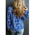 thumbnail image 3 of Women's Blue Floral Notched V-Neck Long Sleeve Blouse, 3 of 5