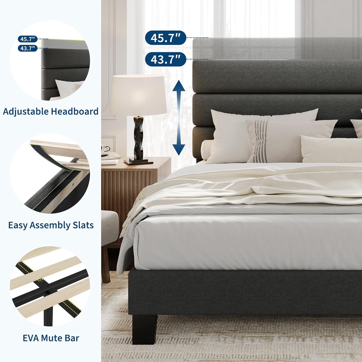 King Size Platform Bed Frame with Adjustable Linen Upholstered Headboard, Wooden Slat Support, Heavy-Duty Mattress Foundation, No Box Spring Needed, Easy Assembly, Black