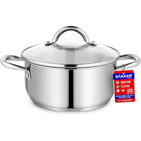 Bakken-Swiss Deluxe 3-Quart Stainless Steel Stockpot with Glass Lid, Dishwasher Safe, Induction Ready