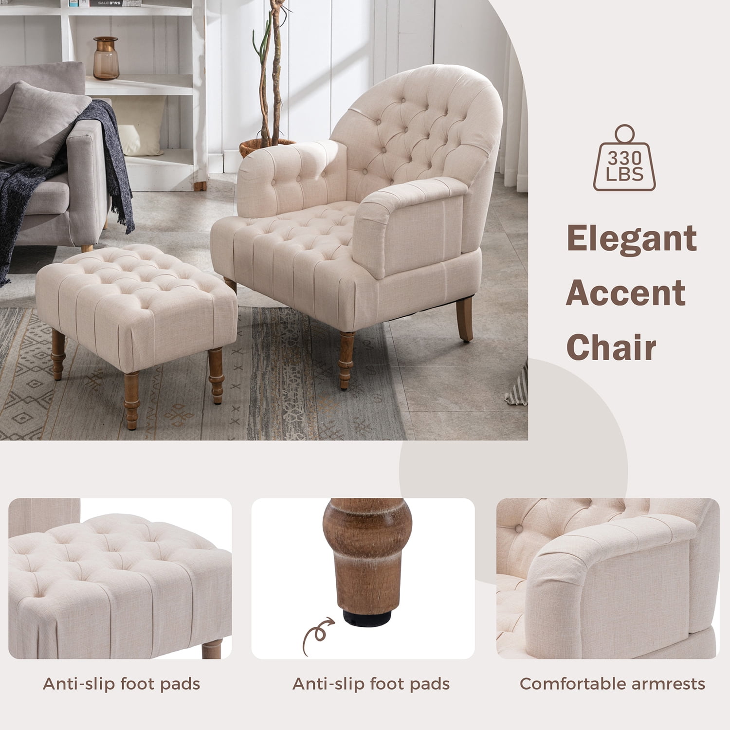 Kadyn Upholstered Chair Set, Mid Century Modern Chair with Ottoman, Button-Tufted Linen Living Room Chair for Living Room Bedroom, Beige