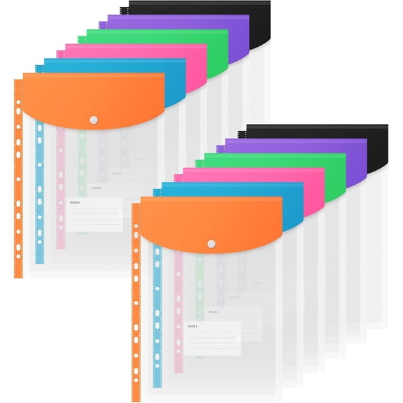 12 Pack Plastic Envelopes Binder Pocket 11 Holes Expandable Binder Folders for 2/3/4 Ring Document Pouch with Snap Button & Label Loose-Leaf Transparent for School Home Office