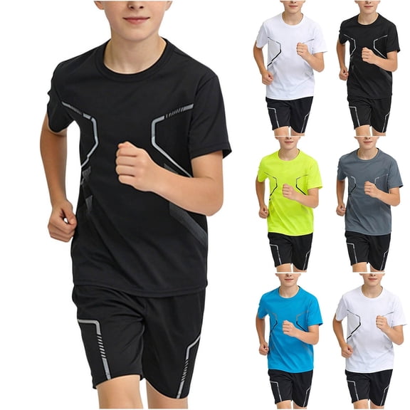 Bnwani Active Boys Short Sets Breathable Summer 2 Piece Short Sleeve Shirt and Shorts Black Size 12-16