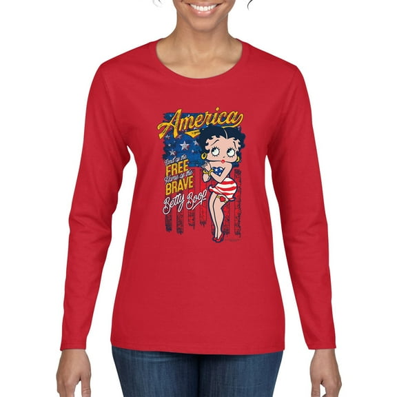Wild Bobby, Betty Boop America Land of the Free Home of the Brave Betty Boop Womens Long Sleeve T-Shirt, Red, XX-Large