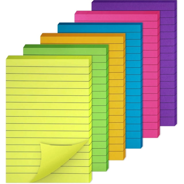YSTIANN 6-Pack Lined Sticky Notes (4x6 Inch) - Bright Neon Colored Self-Stick Memo Pads for Office, School & Home - Lined Post-It Notes for Organized Notes & Reminders WJ85-4509