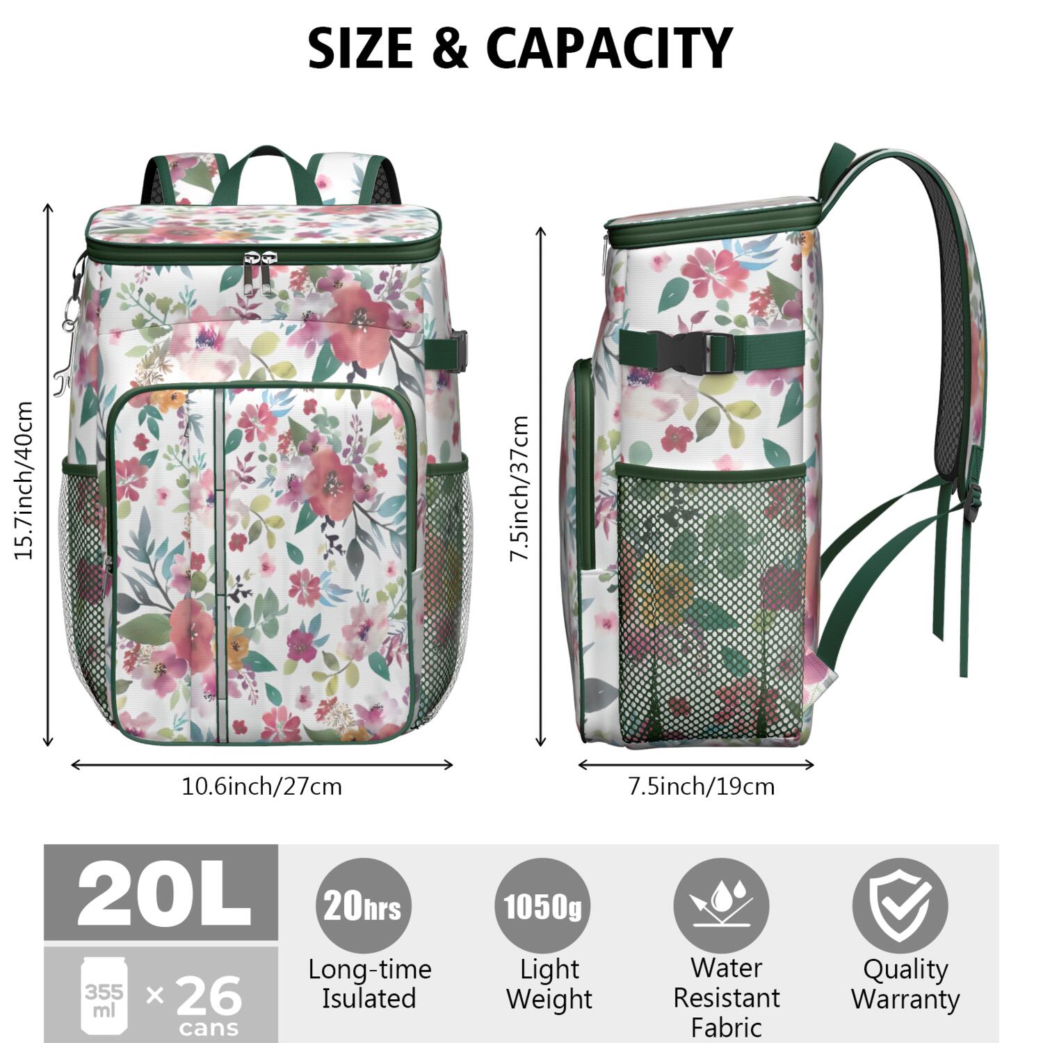 Travel Cooler Bag - Pioneer Flower Floral Print Pattern Camping Beer Cooler Backpack with Bottle Opener- Waterproof Insulated Picnic Backpacks - Cooler Bag for Beach