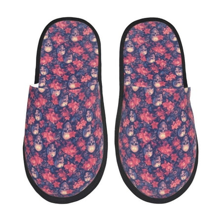 Balery red Skull flower Slient Indoor Furry Fleece Comfort House Shoes Soft Non-Slip Home Shoes Cotton slippers House Slippers-- Medium