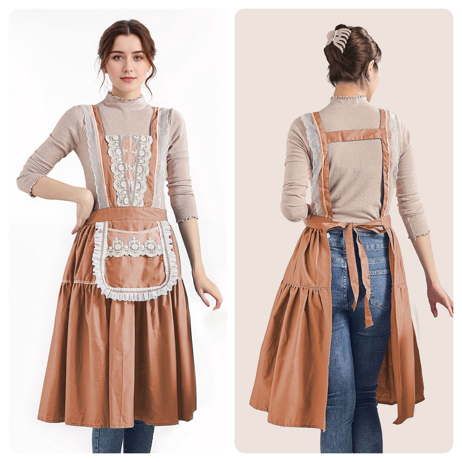 FEOYA Kitchen Apron for Women Cotton Apron Vintage Pinafore Apron Chef Lace Aprons Dress with Packet for Cooking Baking Gardening Work Cake Brown
