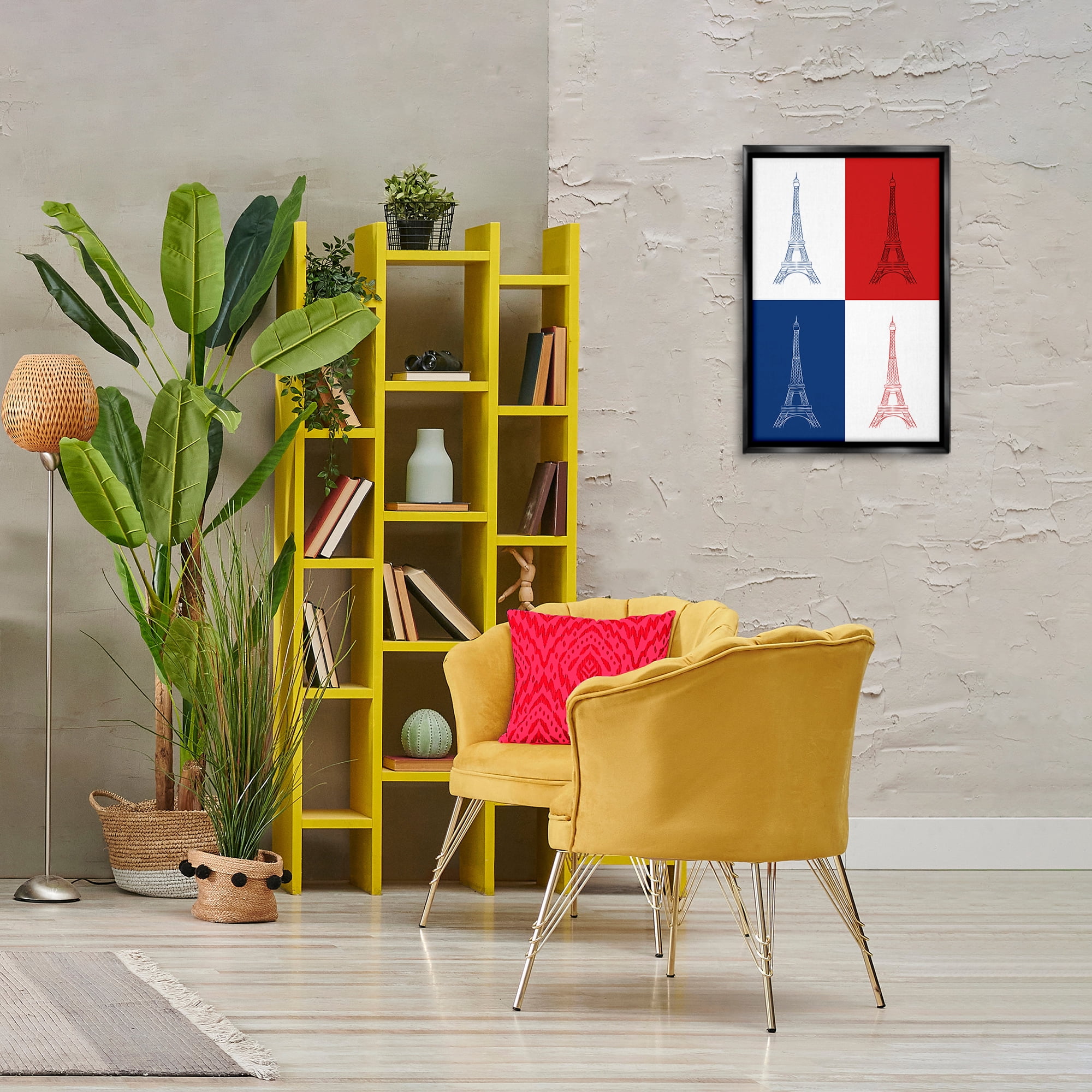 Stupell Industries France Flag Eiffel Tower Buildings & Architecture Painting Black Floater Framed Canvas Art Print Wall Art, 17 x 25