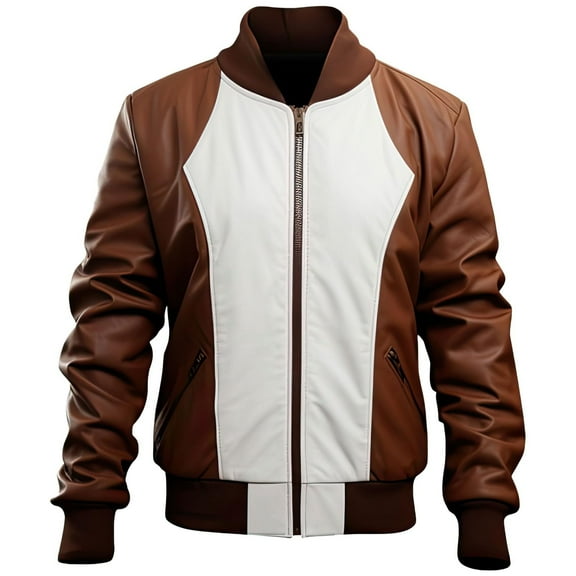 HIDE CRAFTS Men's Dark Brown White Sheepskin Leather Jacket with Baseball Collar, Casual Sportswear Lightweight (US, Alpha, X-Large, Regular, Regular, Brown and White)